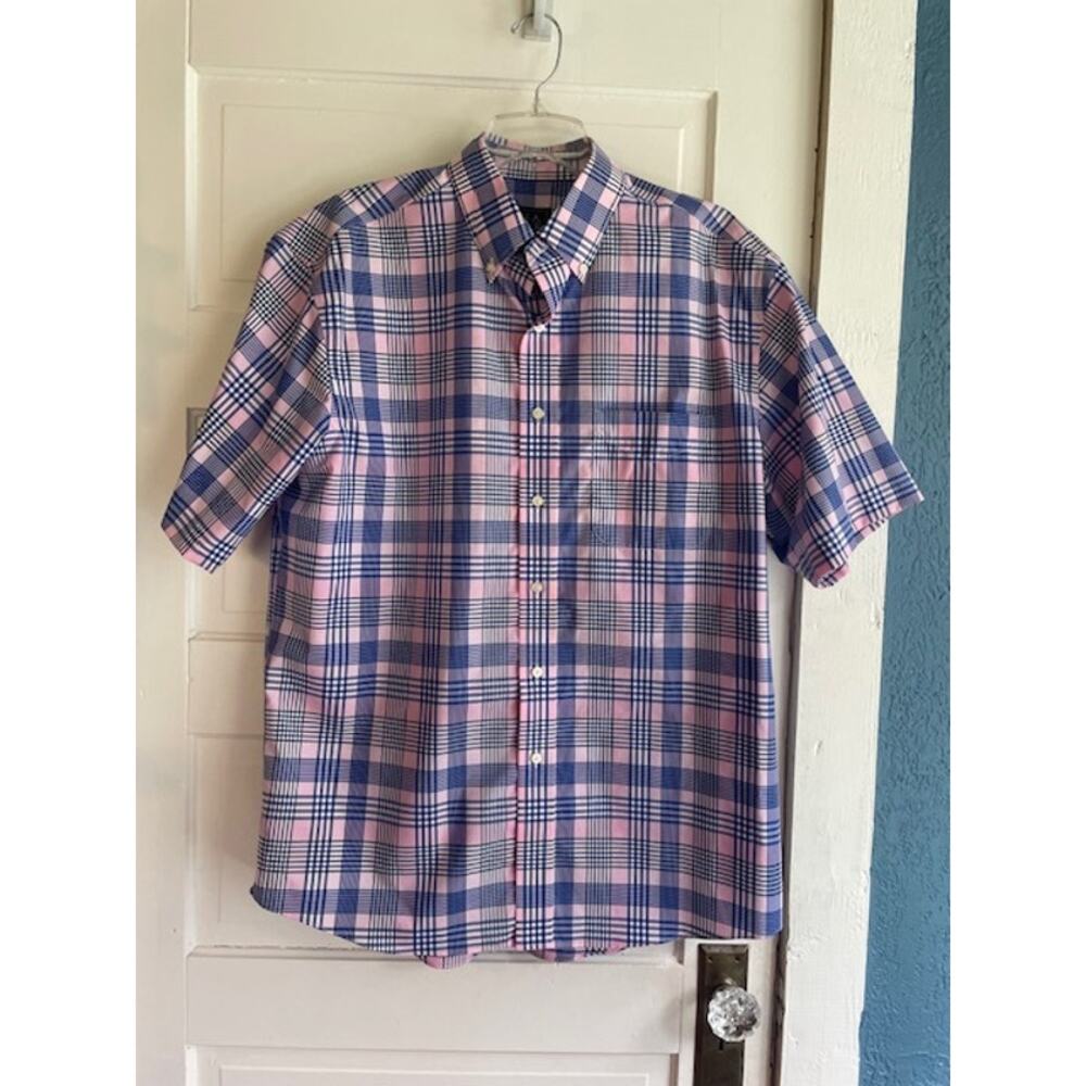 Jos. A. Bank Size Large Short Sleeve Button‎ Front Pink & Blue Plaid Shirt